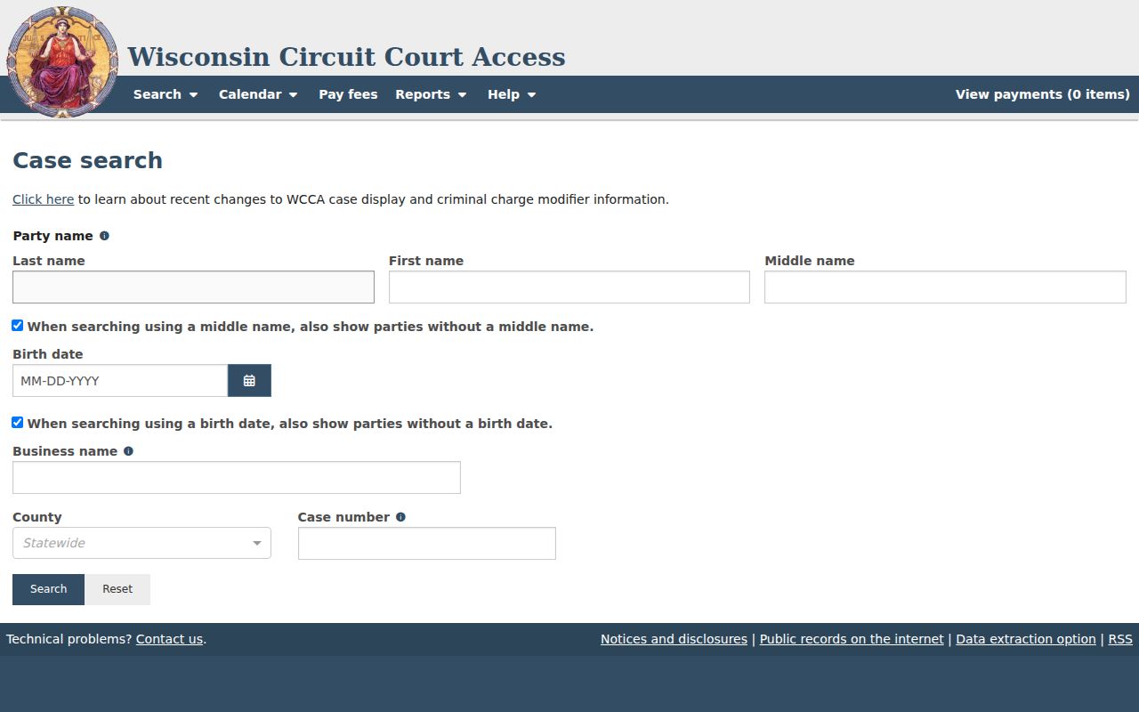 Pierce County case search party and number controls